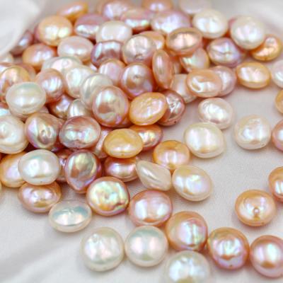 China Baroque Natural Freshwater Pearl 13-14mm Large Coin Freshwater Button Cultured White Pearl Straight Hole Pearl for sale