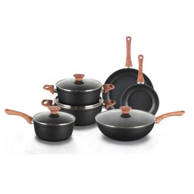 China 6 Piece Induction Sustainable Wooden Kitchen Black Handle Amazon Pan Aluminum Pan Cookware Non-Stick Camping for sale