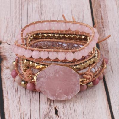 China Vintage Natural Stone 5 Wraps Jewelry Handmade Natural Stone Bracelet Natural Gemstones Stones Rose Quartz Leather Bracelet for sale