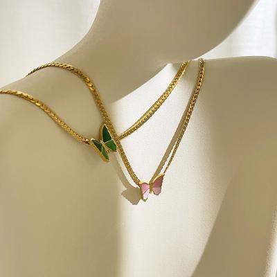 China 2022 Minimalist Jewelry Stainless Steel Wonderful Gold Snake Necklace With Green /pink Enamel Butterfly Charm Choker for sale