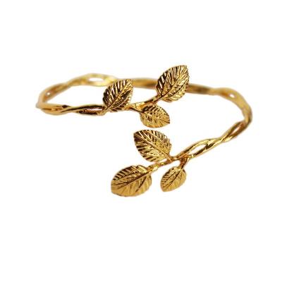 China 2022 new vintage retro style real gold gold texture leaf brass plated chic bangle french fashion jewelry for sale