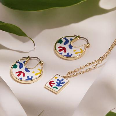 China 2022 New Vintage Vintage Jewelry Set Abstract Art Enamel Color Square Necklace Circle Crescent Earring For Lady for sale