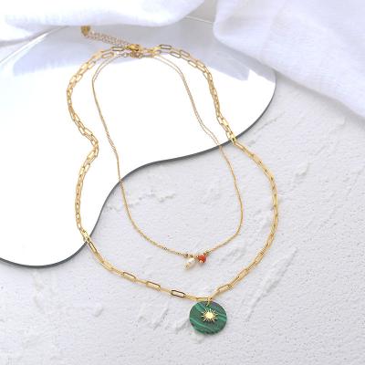 China 2022 New Vintage Minimalist Stainless Steel Jewelry Set Green Turquoise Double Layer Necklace for sale