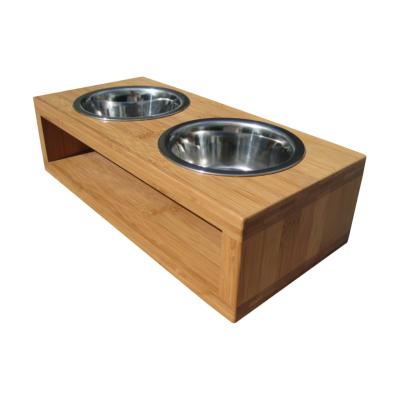 China Sustainable Pets Raised Dog Bowl Wooden Stand Raised Bowl With Two Stainless Steel Bowls For Pets Small Size S for sale