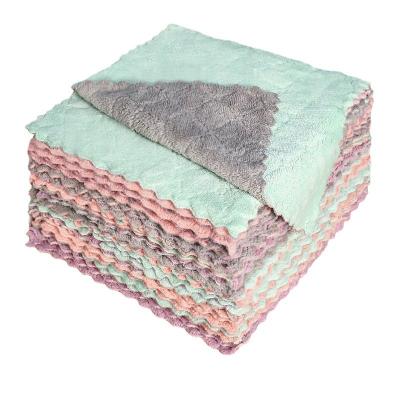 China Viable Manufacturers Fleece Household Scouring Pad Kitchen Double Sided Thick Coral Non-oily Dish Towel for sale