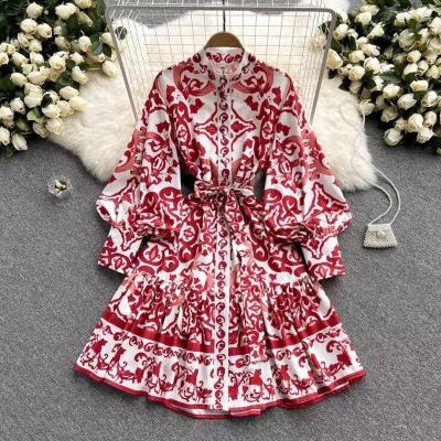 China Wholesale Fashion New Retro Dry Cleaning Spring Fashion Dress Printed Lantern Sleeves Shirt Dress for sale