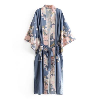 China Stain Bohemian Fashion Casual Style Women Floral Loose Top Shawl Chiffon Kimono Cardigan Blouse Summer Beach Sunscreen Cardigan Poncho for sale