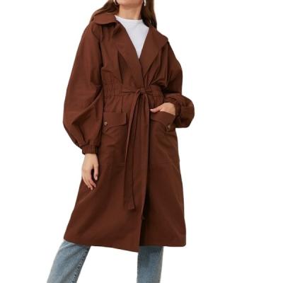 China spring and autumn women's fashion chain coat Anti-wrinkle long trench coat casual solid brown puffy sleeve women's chain coat with belt female windproof coat for sale