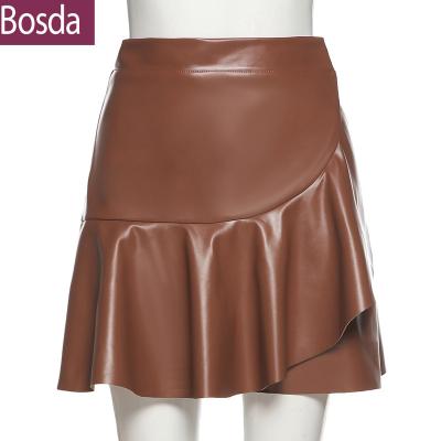 China New Autumn 2020 New PU Skirt Women Fashion Zipper Pleated Asymmetric Casual Lady Solid Sexy Leather Mini Skirt Wholesale Anti-Static for sale