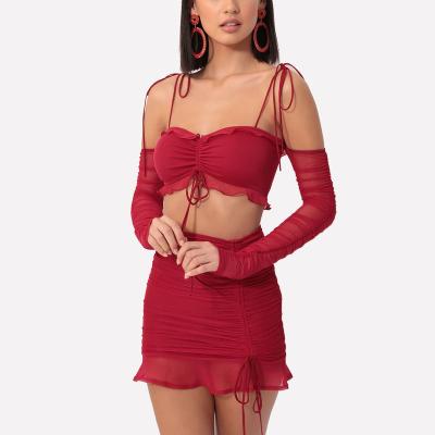 China Red Crop Neck Lover Women OEM Anti-Pilling Party Mini Casual Mesh Top Dress Ruched 2 Pcs Set Ladies Adjustable Straps Ruched Bust Sets for sale