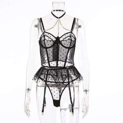 China Black Transparent Polyester+Spandex 3 Piece Garter Sexy Romantic Lingerie Set Women Mesh See Through Exotic Underwear for sale