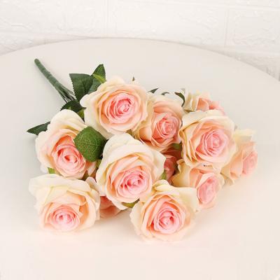 China Gently 9 10 12 18 Heads Rose Bunch Artificial Bouquet Flowers Rose For Wedding Silk Bridal Bouquet for sale