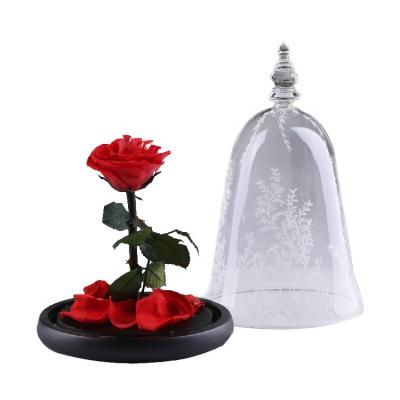 China Wedding/Home Artificial Preserved Eternal Roses/Party/Day Festival Commemoration Dried Flowers In Glass Bottles Dome Preserved Roses Glass Dome for sale