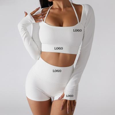 China Antibacterial Long Sleeve Crop Top Halter Straps Fitness Ribbed Yoga Tops High Quality Designed Finger Ropa Deportiva De Mujer Proper Price for sale