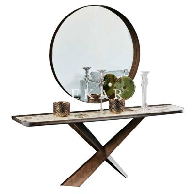 China Marble Top Modern Italian Loyal Gold Stone X Shaped Stainless Steel Base Stone Hallway Marble Top Console Table With Wall Mirror for sale