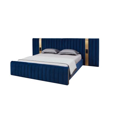 China New Modern Design Hotel Bedroom Furniture Flannel Modern Blue Wood Frame American Blue Queen King Size Velvet Double Bed Frame for sale