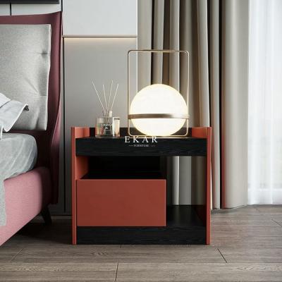 China Foshan Manufacturer Discount Solid Wood Nightstand Black And Modern Solid Wood MDF Bedside Table Wholesale Modern Red for sale