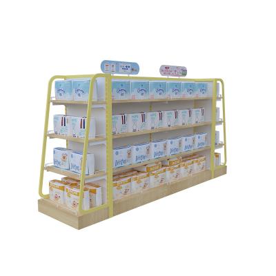 China Simple and beautiful baby style metal single-sided customized wooden rack store display rack rack shelves for sale