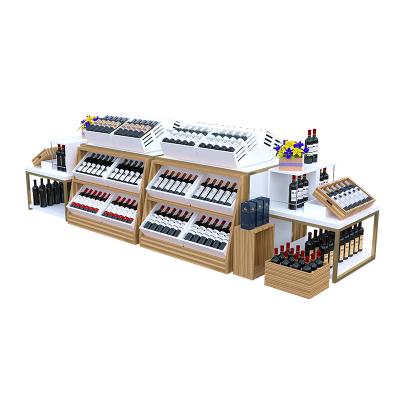 China Single-Sided / Double-Sides Wine Bar Steel-Wood Rack Shelving Display Wall Wine Supermarket Shelves Cabinet for sale