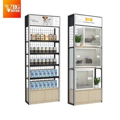 China Custom Multi-Functional Multi-Layer Wood Rack Design Freestanding Pet Shop Display Shelf Pet Shop Combination Display Stand for sale