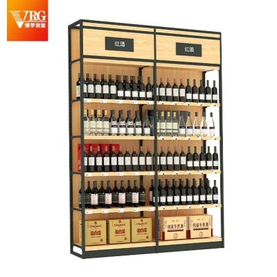 China Multi-layer Wine Cabinet Shelf Large Capacity Wine Display Rack Wine Rack Wooden Tobacco and Wine Shelf Double Sided Modern Steel Frame for sale