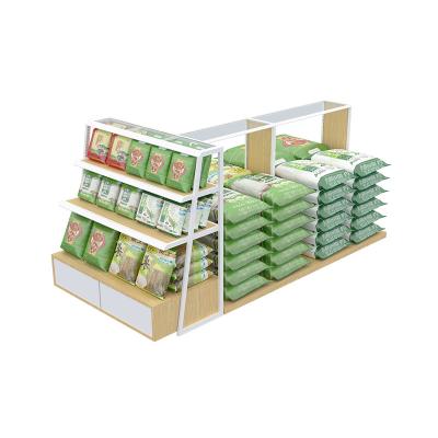 China Double Sided Display Racks Customized Practical Rack Display Cabinet Shelves Rice Noodles, Grains, Oils, Steel And Wood Shelves for sale