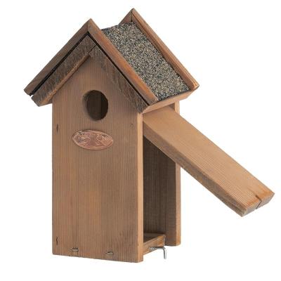 China Viable Custom Bird House Wooden Wren Bitumen Roof House Shaped Nest Box for sale