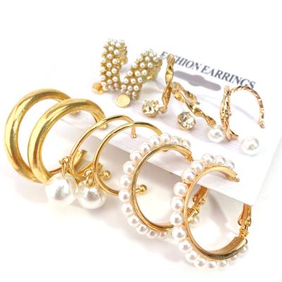 China Wedding PUSHI Statement Stud Circle Fashion Jewelry Korean 9 Pcs Set Circle Earrings With Pearl Earring Sets For Women for sale