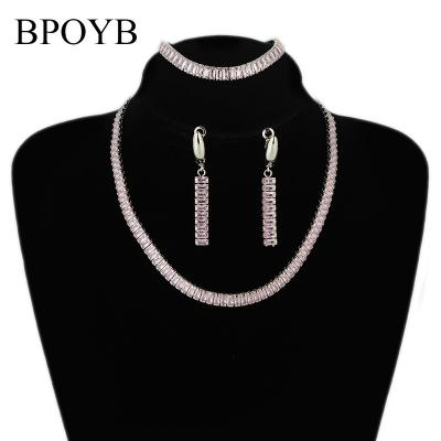 China BPOYB Cute Luxury Pink CZ Crystal Zircon Wedding Women Bridal Jewelry Sets Exquisite Silver Zircon Earrings Necklace Bracelet for sale