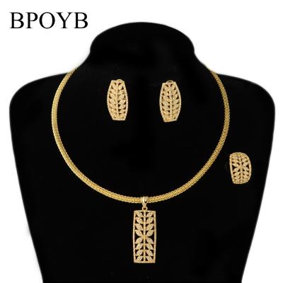 China BPOYB TRENDY Crystal Leaves chic 3 pieces Dubai 18k gold jewelry necklace set choker earrings ring for sale