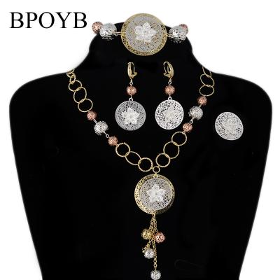 China Rose Silver Solid Gold Jewelri Dubai African Jewelry Set 3 Tassle Earring Necklace BPOYB FASHION French Chic Color Newest Long for sale