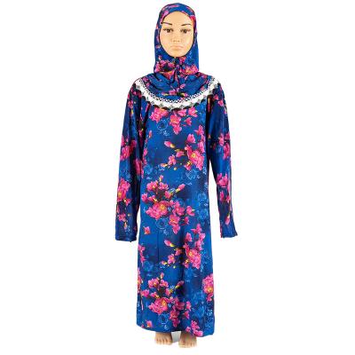 China Wholesale Long Sleeve Muslim Dress Blue Knitted Islamic Long Sleeve Girl Dress Muslim Girl Print Long Dress for sale