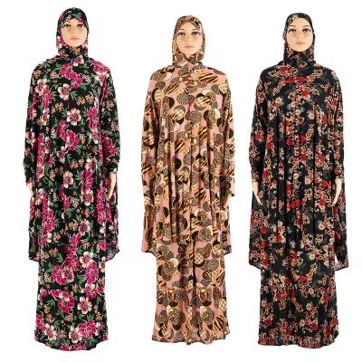 China Muslim female fashion knitting red orange muslim dress ice silk printing two piece long sleeve ababya dress for sale