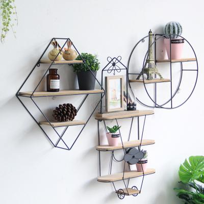 China New Hot Sale Morden Wall Rack Iron Wood Hanging Shelf For Home Decoration for sale