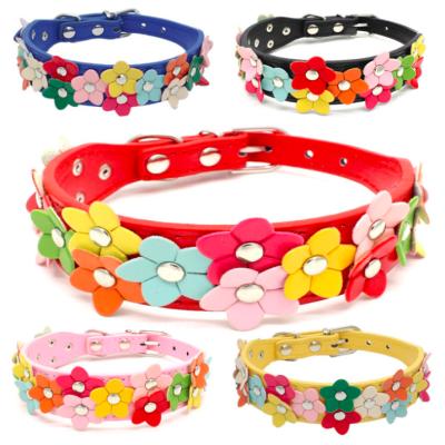 China Custom Double Row Flower Dog Cat Neck Leather Dog Collar Colored Leash Double Row for sale