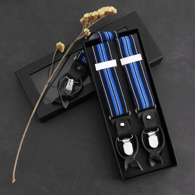 China Hot Sales Y-Back Custom Design Logo Stripe Pattern Leather Elastic Brace Suspenders Belt For Men for sale