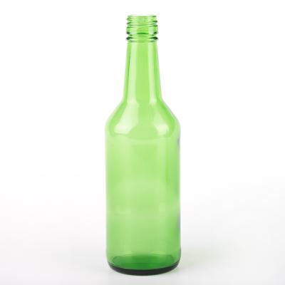 China Empty 360ml Korea Beverage Green Glass Soju Bottle Sake Glass Bottles Spirit Round Bottle With Screw Lid for sale