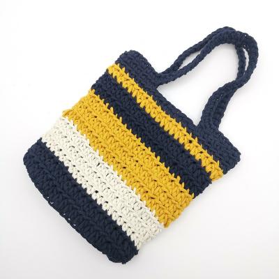 China Eco-friendly 100% Handmade Crochet Stripe Knitting Straws Tote Cotton Rope Woven Bags for sale