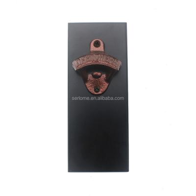 China Stored Wooden Magnetic Board Cast Iron Wall Mount Bottle Opener Cap Catcher for sale