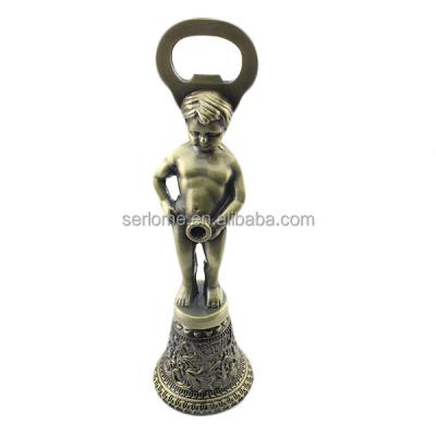 China Global Boy Figure Zinc Alloy Vintage Style Antique Brass Metal Corkscrew Vienna Wine Beer Bottle Opener Souvenir Dinner Bell for sale