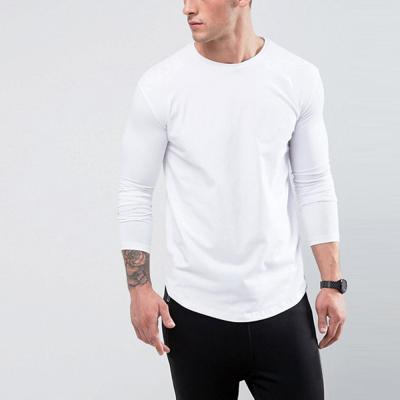 China Custom Fashion Anti-Shrink T-shirt Men's Curved Edge Plain White 100% Cotton Longsleeve T-Shirts for sale