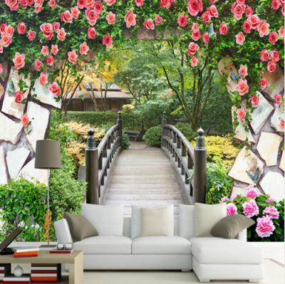 China Waterproof+ECO-Friendly 3D Garden Flowers Wall Leather Bridge Landscape Photo Effect Wallpaper for sale