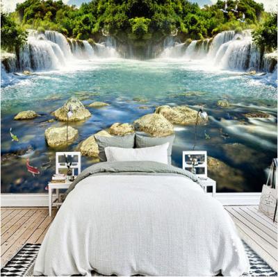 China Waterproof+ECO-Friendly Wallpaper HD Waterfall Flowing Water Chinese Forest Landscape 3D Wall Mural for sale