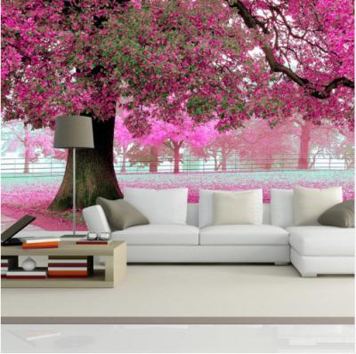 China Romantic Living Room Sofa Wall Mural Embroidered Waterproof+ECO-Friendly 3D Cherry Tree TV Background Wall Paper Home Decor Wallpaper for sale