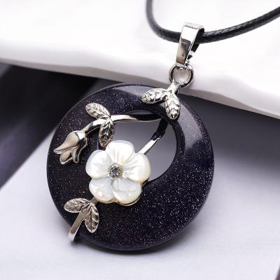 China High Quality Hot Selling FASHIONABLE Natural Blue Black Sand Gold Stone Leather Rose Flower Border Circle Pendant Necklace for sale