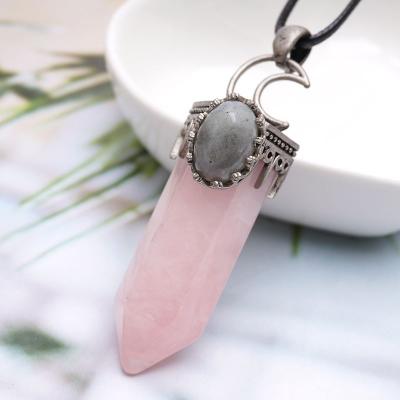 China FASHIONABLE Classic Natural Quartz Stone Style Reiki Hammer Fashion Pendant Necklace Rose Quartz Hexagonal Column Gemstone for sale