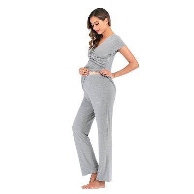 China Nursing Nursing Loungewear Breathable Women's Clothing Shorts Sleeve 2 Pcs Henley Top And Pants Set OEM ODM Maternity Pajamas for sale