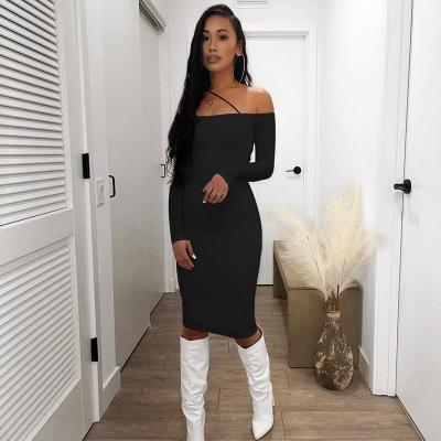 China SKOCLS Ey21DH49 New 2022 Viable Solid Off Shoulder Women Long Sleeve Knee Length Dress Casual Dress for sale