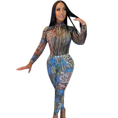 China SKOCLS Ey21SA65 QUICK DRY leopard tiger long sleeve hollowed-out sheer pants set mesh suit for women for sale