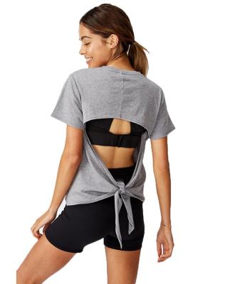 China Plus Size Backless Crop Tops T Shirts Women Tie Up Workout Short Sleeve Ladies Custom T Shirts for sale